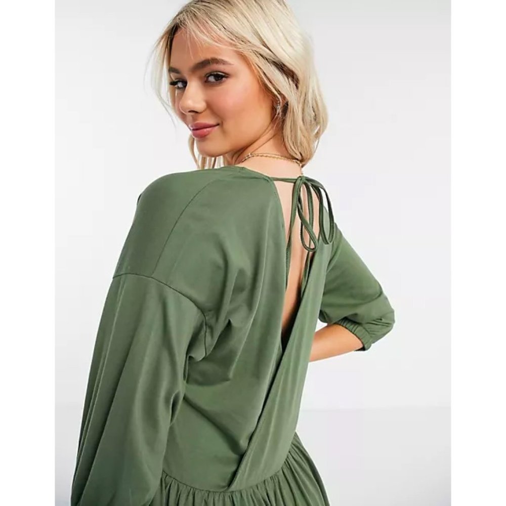 ASOS Midi Smock Wrap Dress in Khaki Green, US 2 - Picture 4 of 4